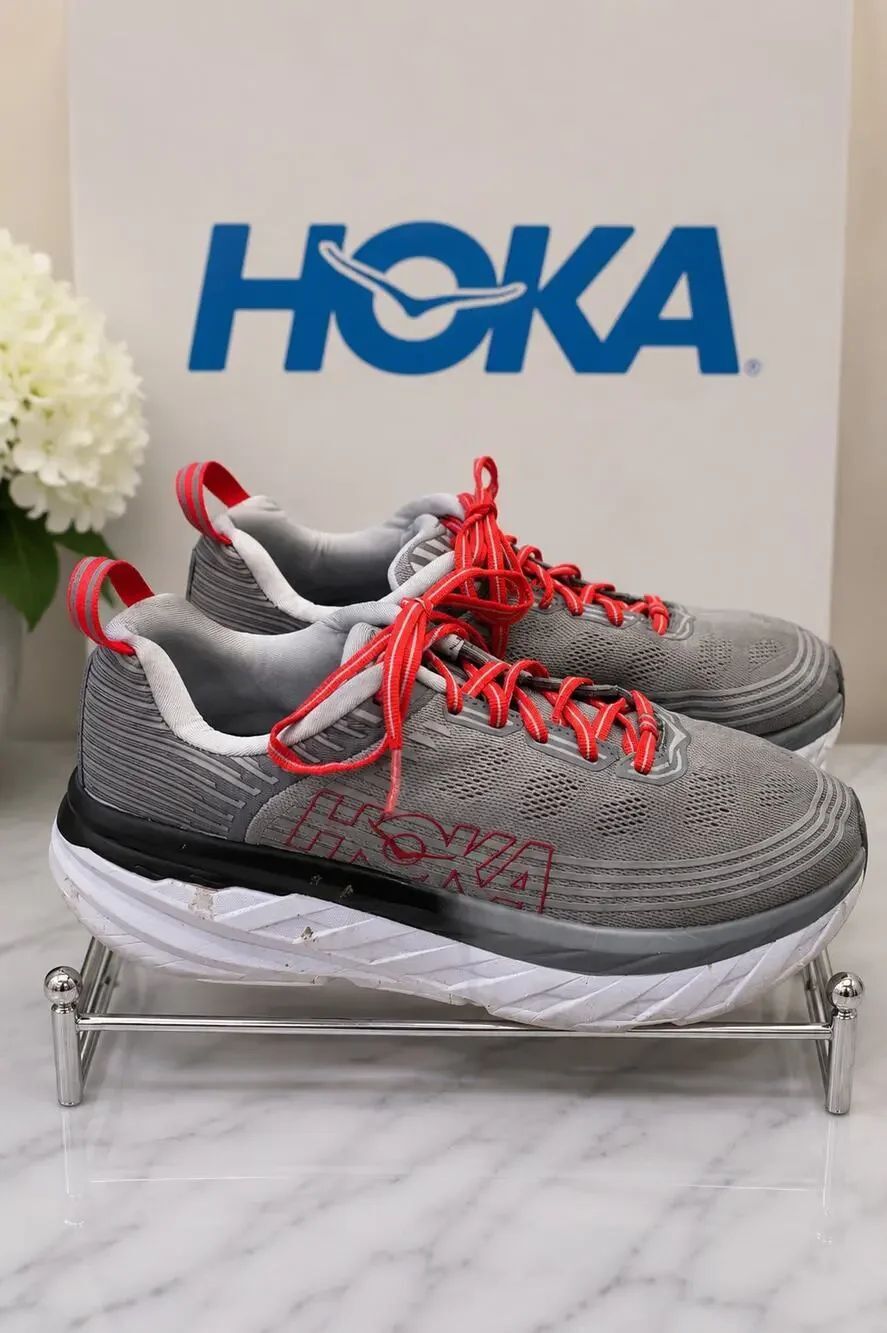 HOKA Bondi 6 Gray Red Running Shoes Men’s 8.5 EU 42 Max Cushion